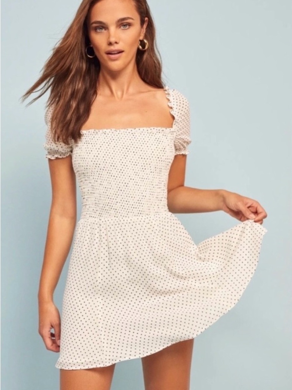 Reformation Bambina Smocked Square Neck White Polka Dot Mini Dress